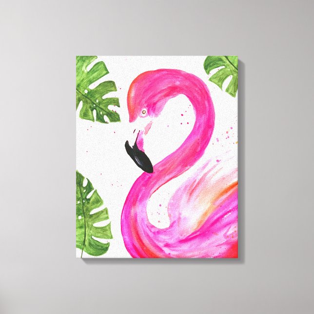 Toile Flamant rose tropical Palmier rose Feuille Oiseau  (Recto)