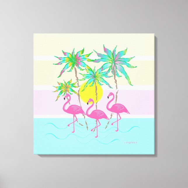 Toile Flamants roses roses cool Sun et Palm Trees Mur Ar (Recto)
