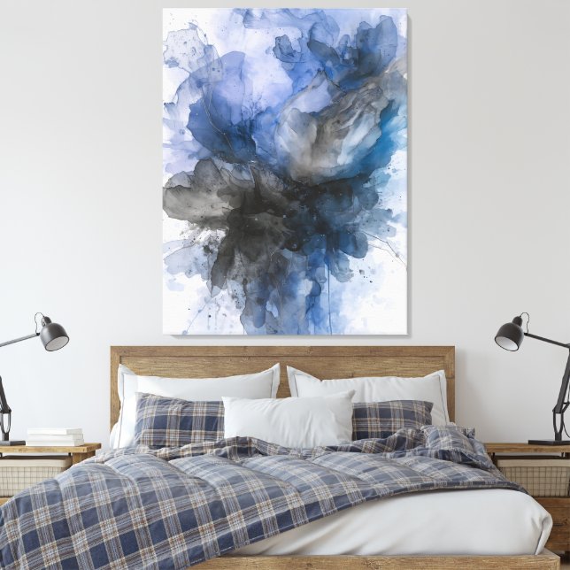 Toile Fleur Abstraite Grise et Bleue Élégante  (Insitu(Chambre))