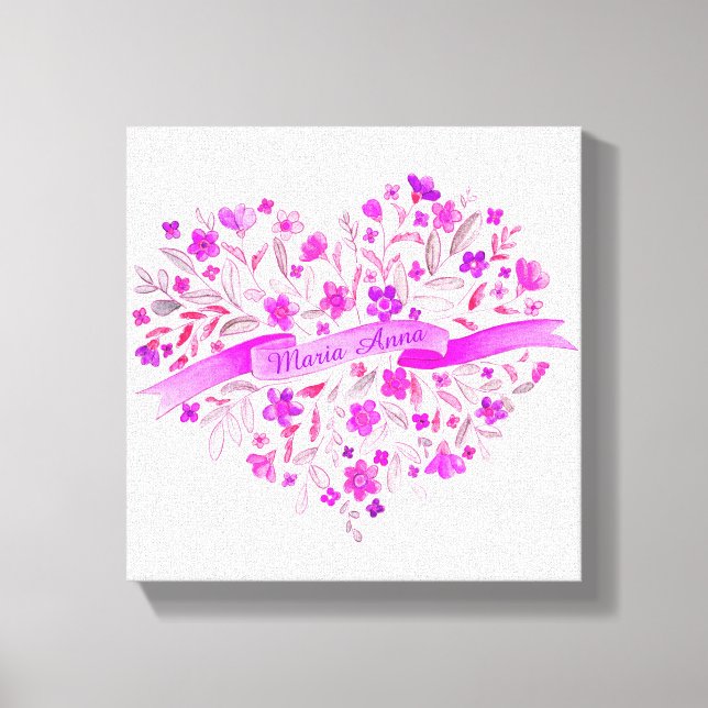 Toile Fleur cœur rose violet nom aquarelle art (Recto)