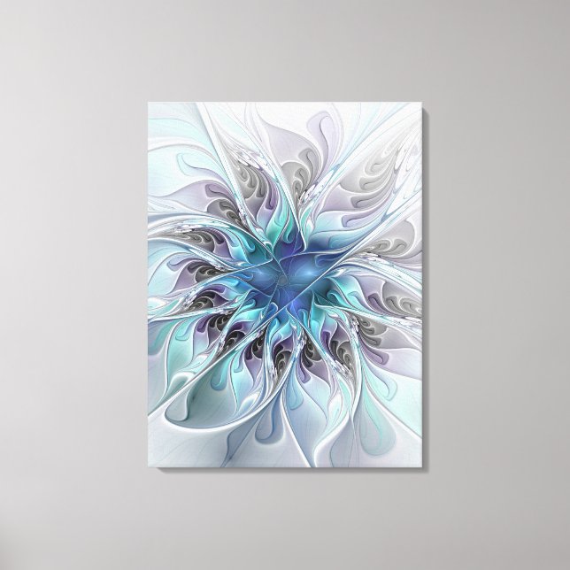 Toile Fleur fractale moderne abstraite avec du bleu (Recto)