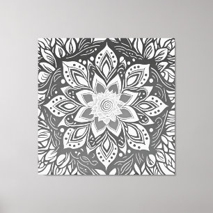 Toile Fleur Mandala en niveaux de gris en noir et blanc