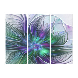 Toile Fleur vert violet moderne Art Abstrait Triptyque