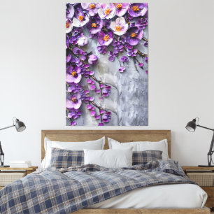 Toile Fleurie Moderne Violette et Grise