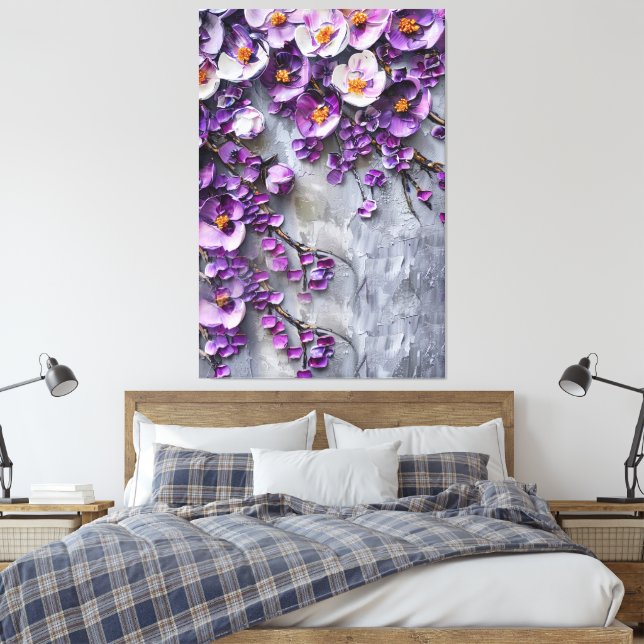 Toile Fleurie Moderne Violette et Grise (Insitu(Chambre))
