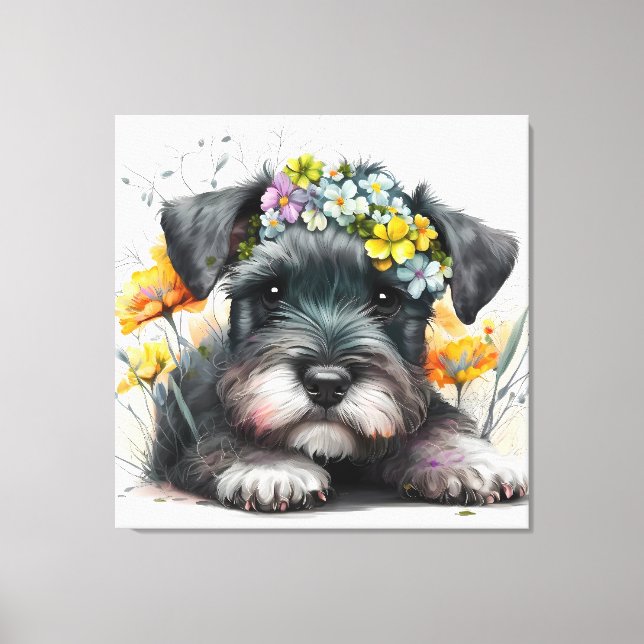 Toile Fleurs à l'aquarelle et chiot schnauzer  (Recto)