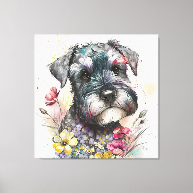 Toile Fleurs à l'aquarelle et chiot schnauzer (Recto)