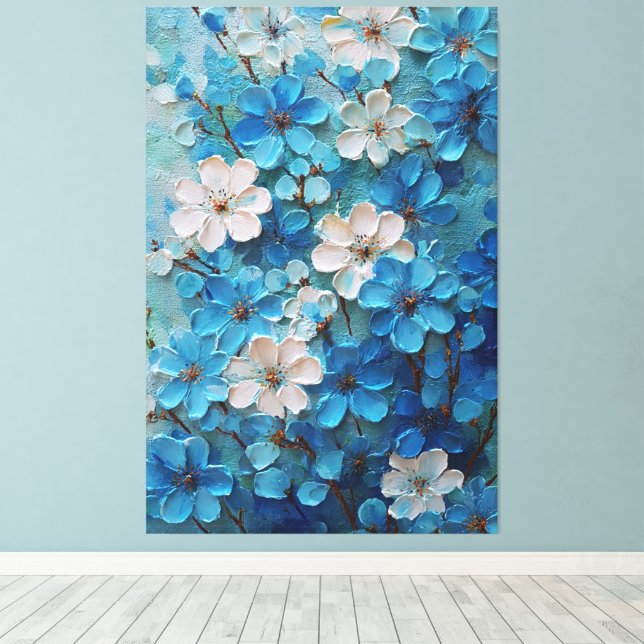 Toile Fleurs abstraites bleues et blanches en fleurs - A (Insitu (Plancher de Bois))