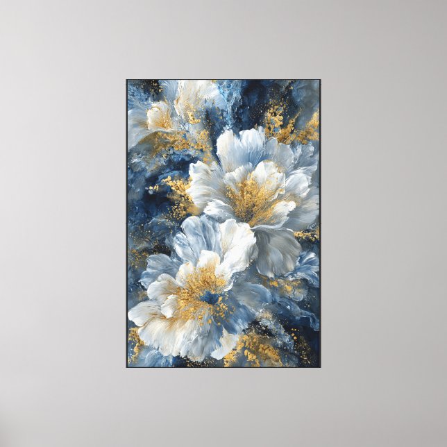 Toile Fleurs blanches avec centres dorés sur fond bleu – (Recto)