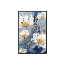 Fleurs Blanches avec Or sur Fond Bleu – Mur Abstra