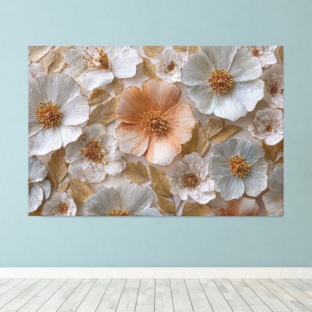 Toile Fleurs blanches, crème et dorées aux accents de pê (Insitu (Plancher de Bois))
