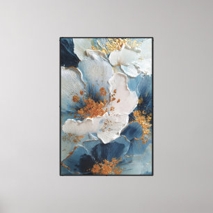 Toile Fleurs blanches et bleues texturées avec or