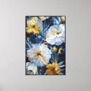 Toile Fleurs blanches et jaunes avec feuillage bleu  