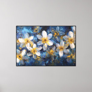 Toile Fleurs blanches et jaunes sur fond bleu – Art mura