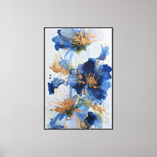Toile Fleurs bleues et blanches avec des reflets dorés 