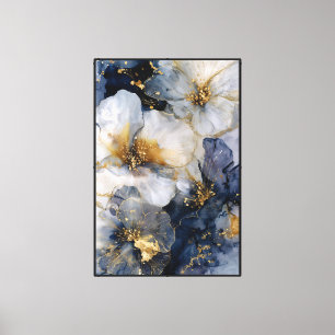 Toile Fleurs bleues et blanches avec veines dorées – Abs
