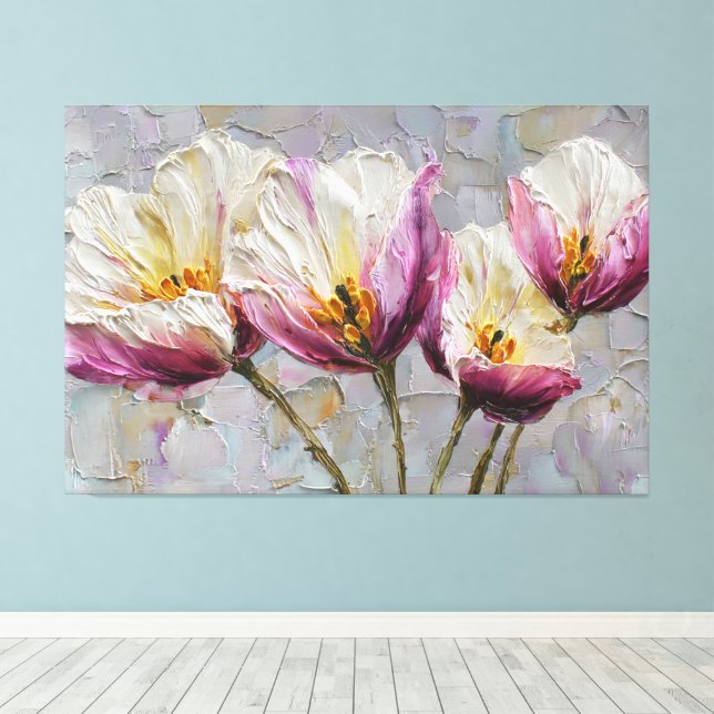 Toile Fleurs crème et magenta avec centres jaunes  (Insitu (Plancher de Bois))