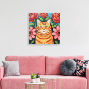 Toile Fleurs d'art populaire de chat orange