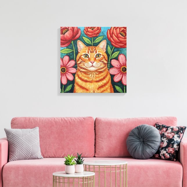 Toile Fleurs d'art populaire de chat orange (Insitu(Salon))