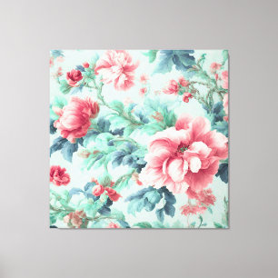 Toile Fleurs de Claret Rose, Feuilles Bleu Vert