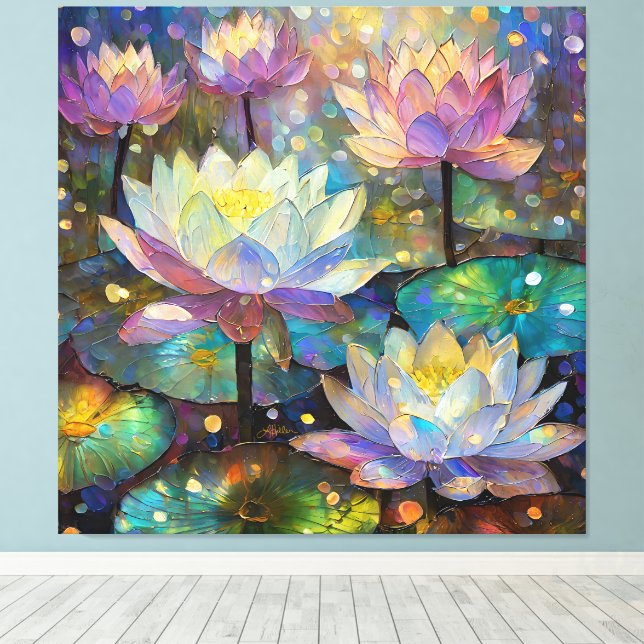 Toile Fleurs de lotus délicates s'épanouissant dans la n (Insitu (Plancher de Bois))