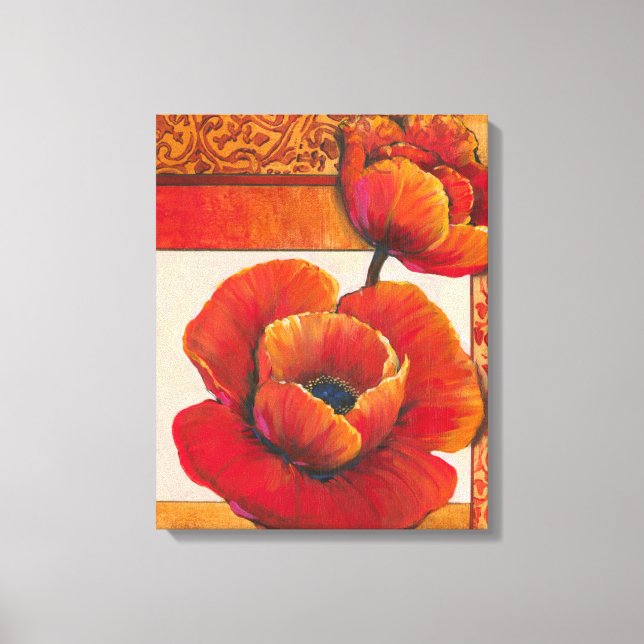 Toile Fleurs de pavot sur Tan et Arrière - plan orange (Recto)