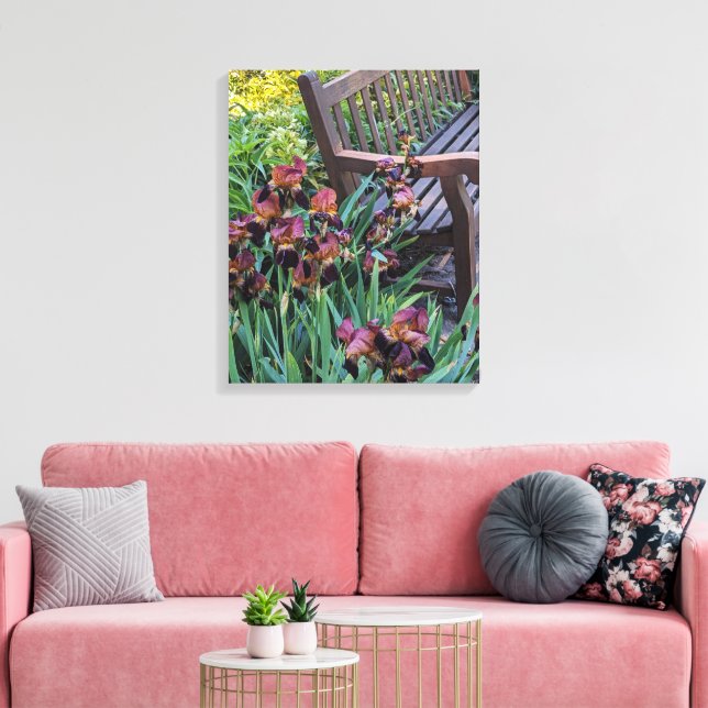 Toile Fleurs d'Iris et banc de jardin en fleurs (Insitu(Salon))