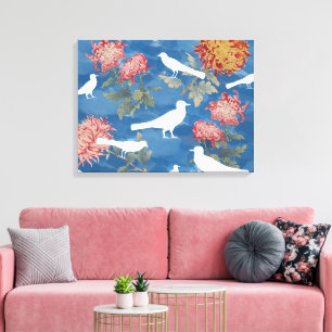 Toile Fleurs et oiseaux à l'aquarelle bleue vintage