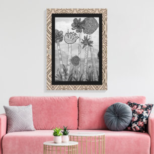 Toile Fleurs et tiges amusantes Noir-blanc