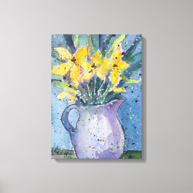 Toile Fleurs jaunes dans l'aquarelle Vase bleu (Recto)