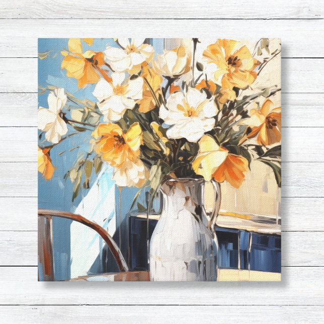 Toile Fleurs jaunes et blanches dans le mur bleu Vase (Oil Painting Style Wall Art Canvas - White & Yellow Flowers in Vase - Blue Sunlit Wall)