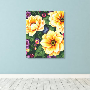 Toile Fleurs Jaunes et Violettes Bleues Florales colorée