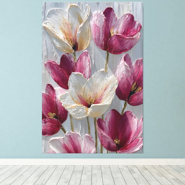 Toile Fleurs magenta et blanches avec texture dorée  (Insitu (Plancher de Bois))