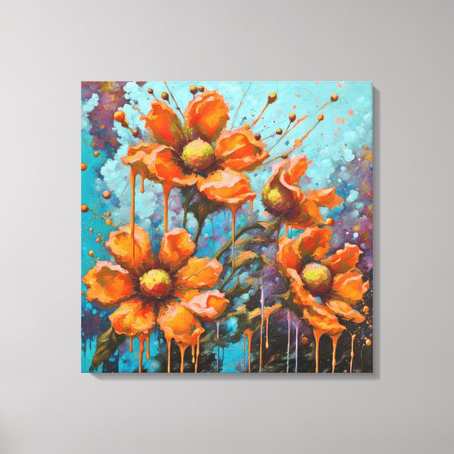 Toile Fleurs oranges avec coulures de peinture (Recto)