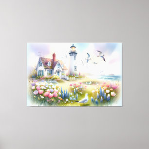 Toile Fleurs printanières près d'un cottage côtier et d'