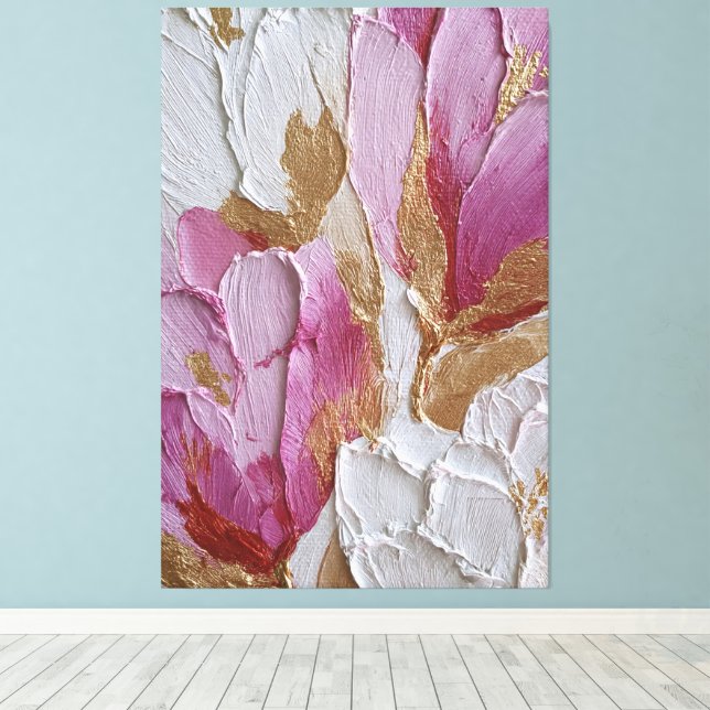 Toile Fleurs roses et blanches avec texture dorée abstra (Insitu (Plancher de Bois))
