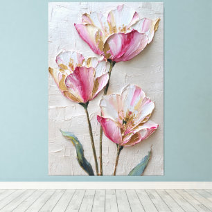 Toile Fleurs roses et blanches avec texture dorée abstra