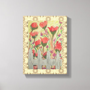 Toile Fleurs rouges Clôture blanche