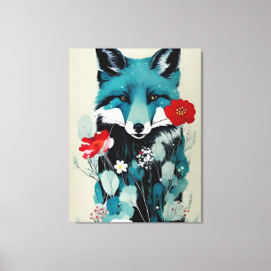 Toile Fleurs rouges et blanches Renard bleu