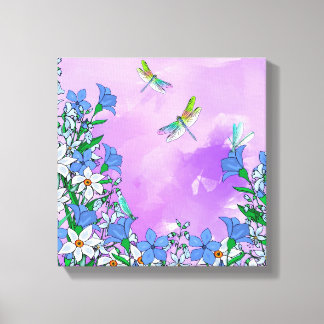 Toile Fleurs sur violet avec libellules