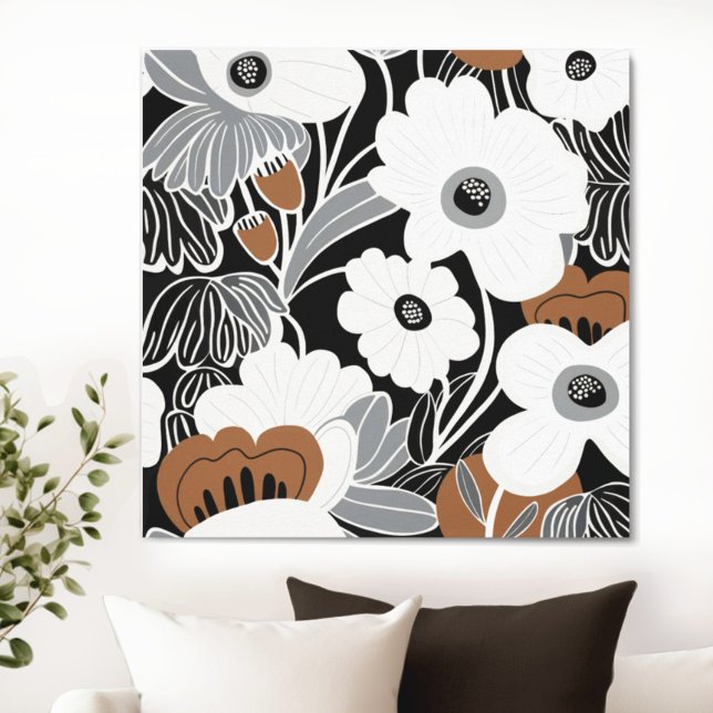 Toile Floral noir blanc Boho (Transform your space with the timeless beauty of floral Boho Mid Century Modern canvas. )