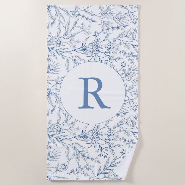 Toile Florale Bleu Monogramme Plage Serviette (Devant)