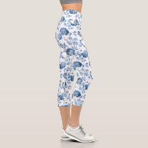 Toile Florale Bleue et Blanc Capri Leggings