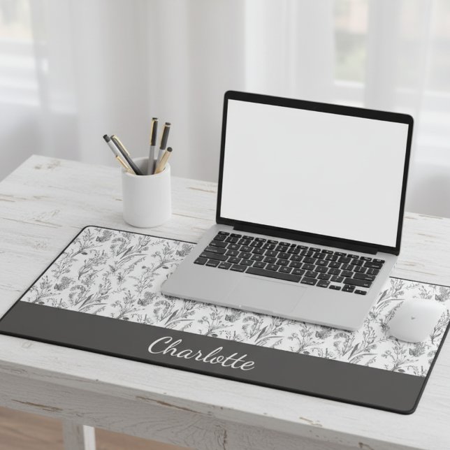 Toile Florale Noir Blanc Nom Personnalisé (black and white toile floral custom name desk mat for gift for her mom woman)