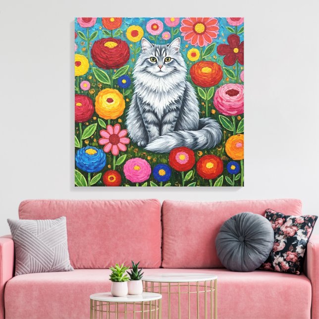Toile Fluffy Gray Striped Cat with Folk Art Flowers (Insitu(Salon))