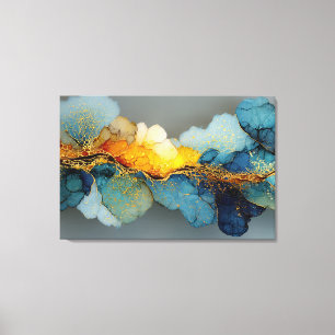 Toile Flux de résine de veine d'or bleu océanique