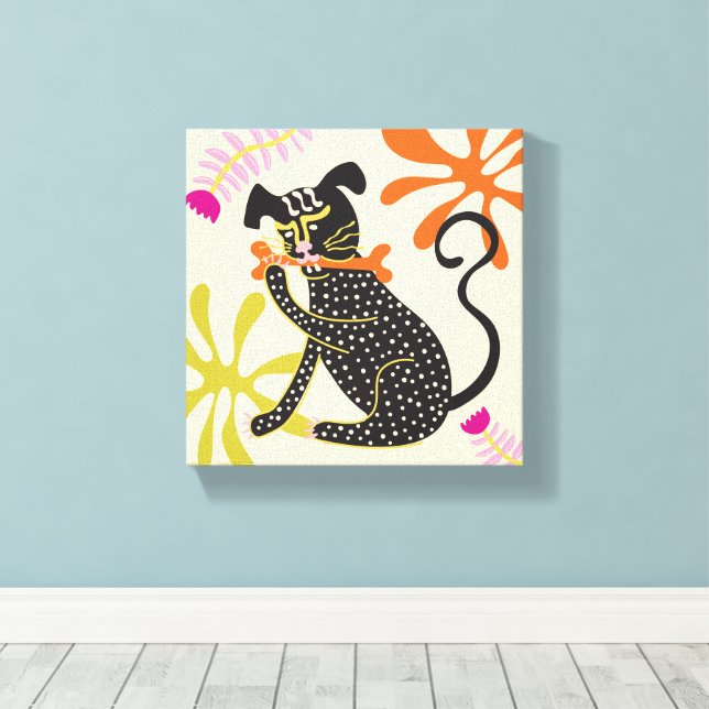 Toile Folkart Boho Abstrait Chien noir dessiné main (Insitu (Plancher de Bois))