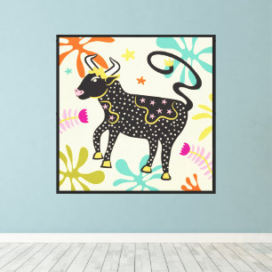 Toile Folkart Boho Taurus Bull Zodiac Abstrait