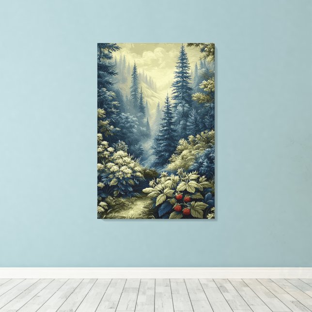 Toile Forêt bleue aux baies rouges, paysage stylisé (Insitu (Plancher de Bois))