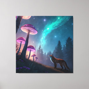 Toile Forêt de renard fantaisie champignon lumineux Art